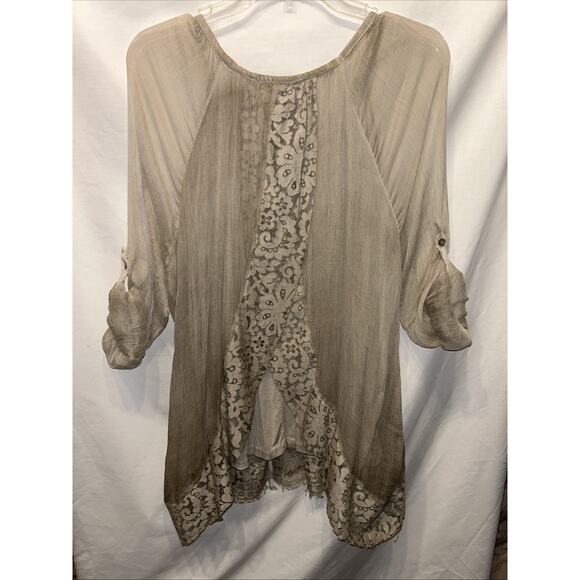 AMANTI Silk Chiffon Taupe blouse Women’s Small Lace Italy Lagenlook Quiet Luxury - Picture 11 of 15